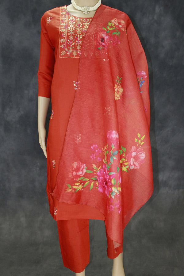 Roman Silk 3-Piece Salwar Kameez Set with Organza Digital Dupatta - Orange, Zari & Sequin Embroidered Neck