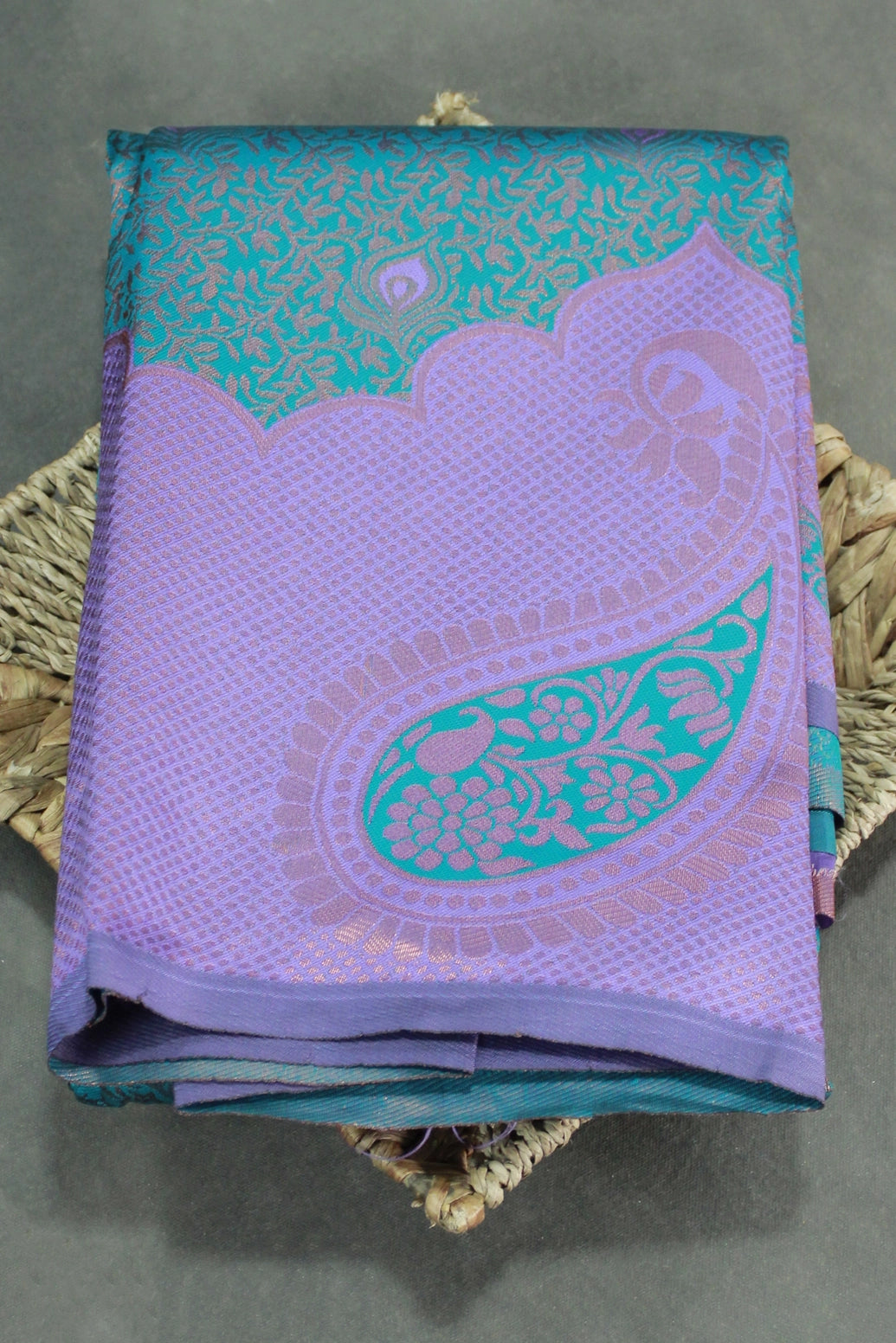 Teal Kubera Pattu Saree with Mango Design Border & Blouse, Semi Silk Traditional Wear - Teal