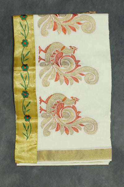 Pure Kerala Cotton White Saree with Gold Zari Peacock Embroidery and Blouse Piece - White