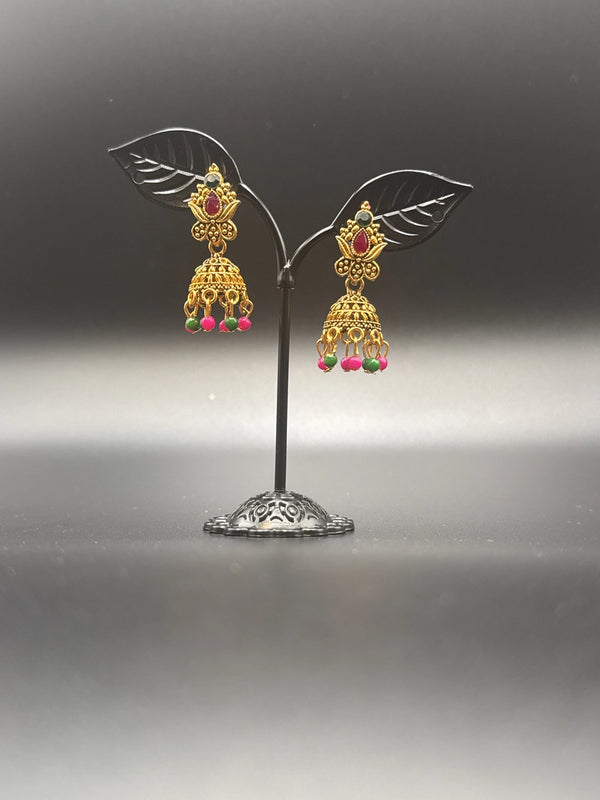 Antique-Look Lotus Jhumka Earrings for Women - Gold-Tone Traditional Jhumki with Pink & Green Beads, 1.5 inch Jewelry JCS Fashions Multi Color 1.5 inch
