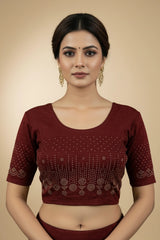 Wine Readymade Designer Stretchable Blouse with Stone Work and Floral-Geometric Pattern, Elbow Sleeves - Wine