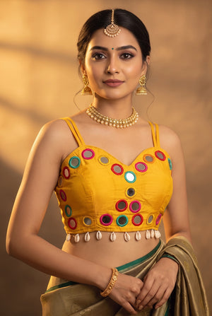 Navratri Mirror-Work Cowrie-Border Sleeveless Sweetheart Neck Blouse for Women in Embellished Finish