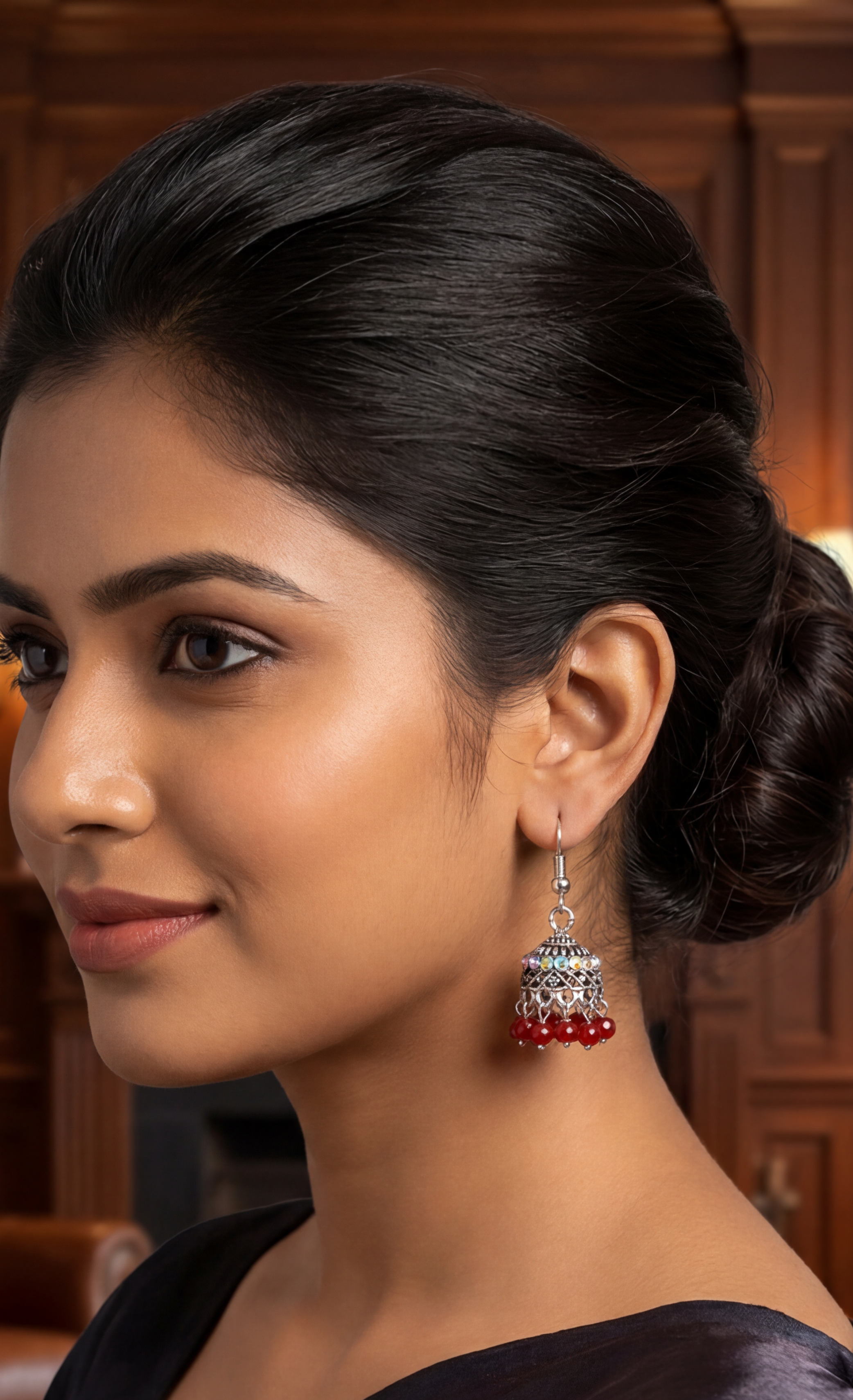 Oxidized Silver Jhumka Earrings with Beaded Drops