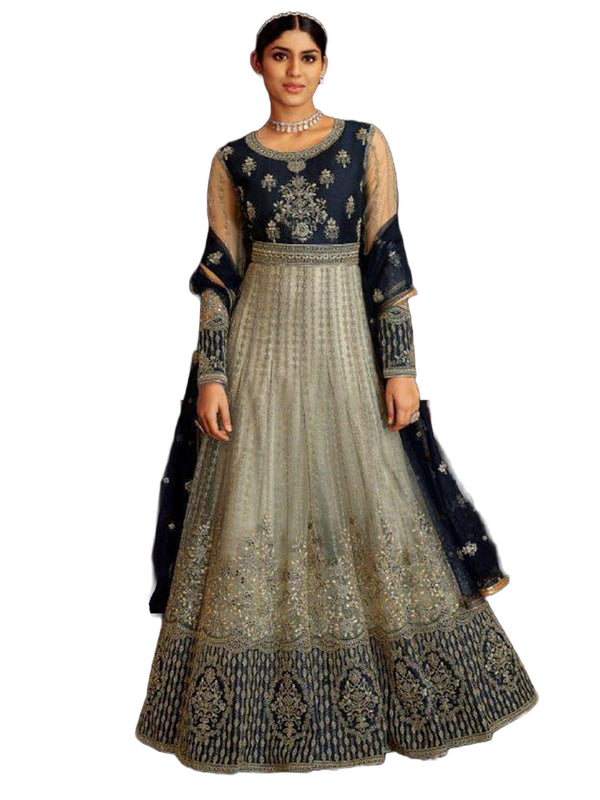 Designer Floor Length Gown in Blue and Grey