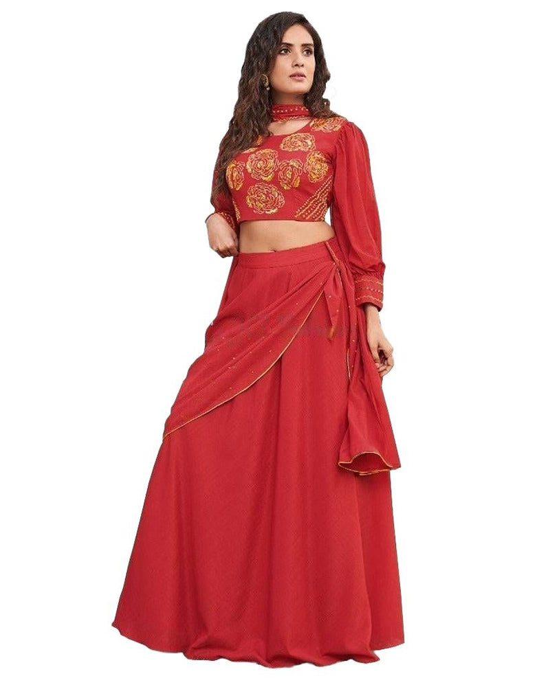 Crop top with skirt. Fancy Lehenga in Red, Fully Stitched