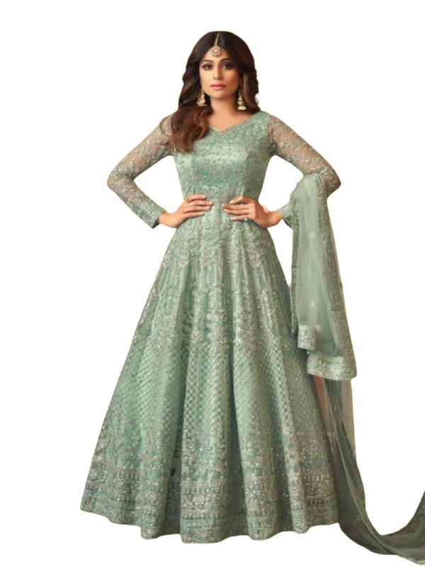 Heavy Embroidery and Sequins work Floor Length Kurti in Green