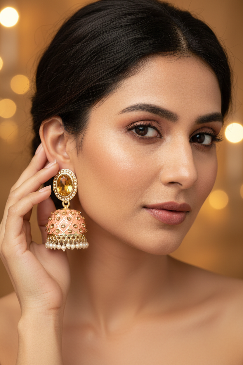 Peach Kundan Jhumka Earrings With stones. Multiple
