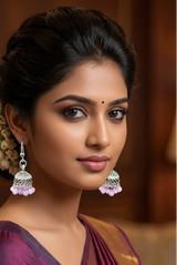 Oxidized Silver Jhumka Earrings with Beaded Drops
