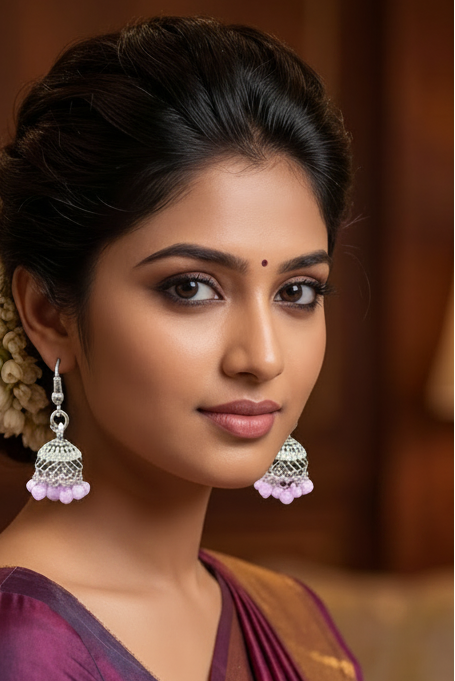 Oxidized Silver Jhumka Earrings with Beaded Drops