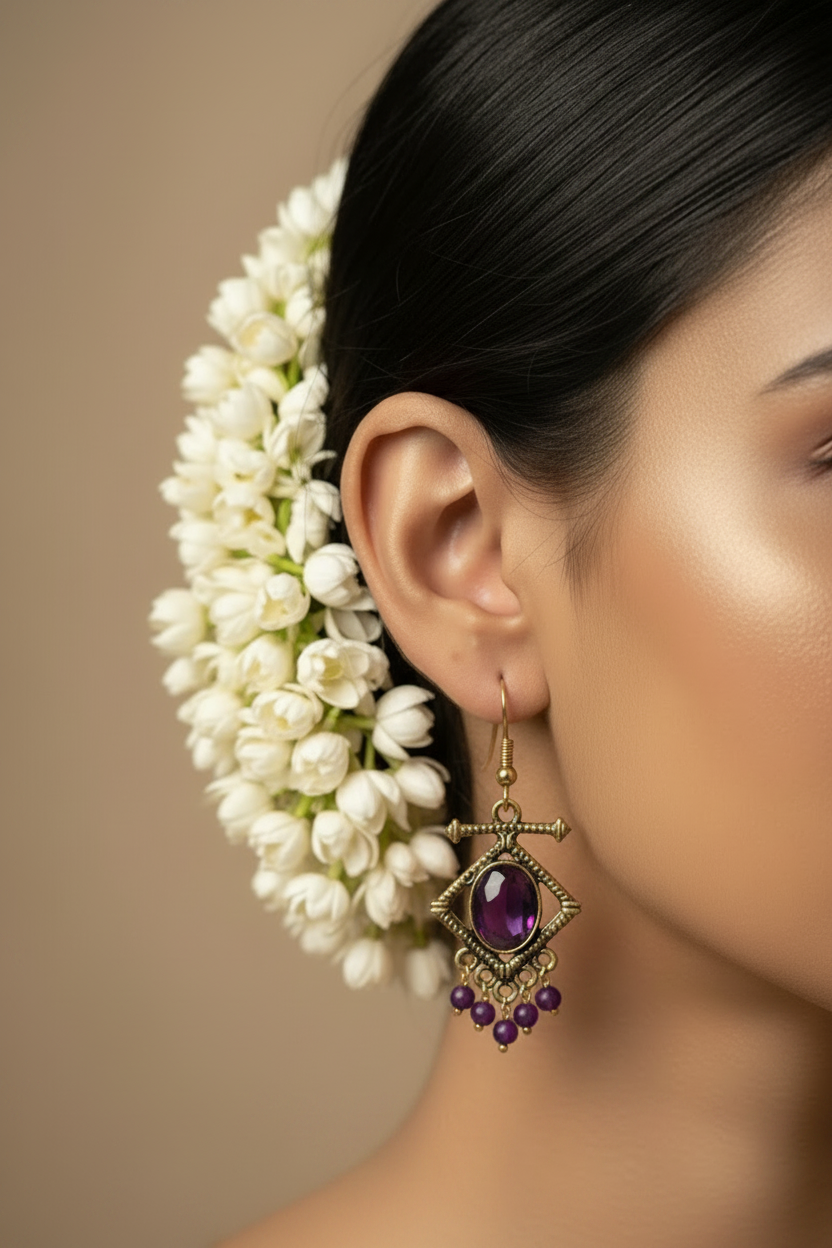 Sea blue Antique gold-tone drop earrings with stone