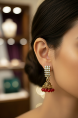 Maroon Gold Look Crystal Stud Jhumka Earrings