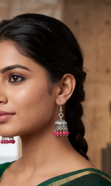 Oxidized Silver Jhumka Earrings with Beaded Drops