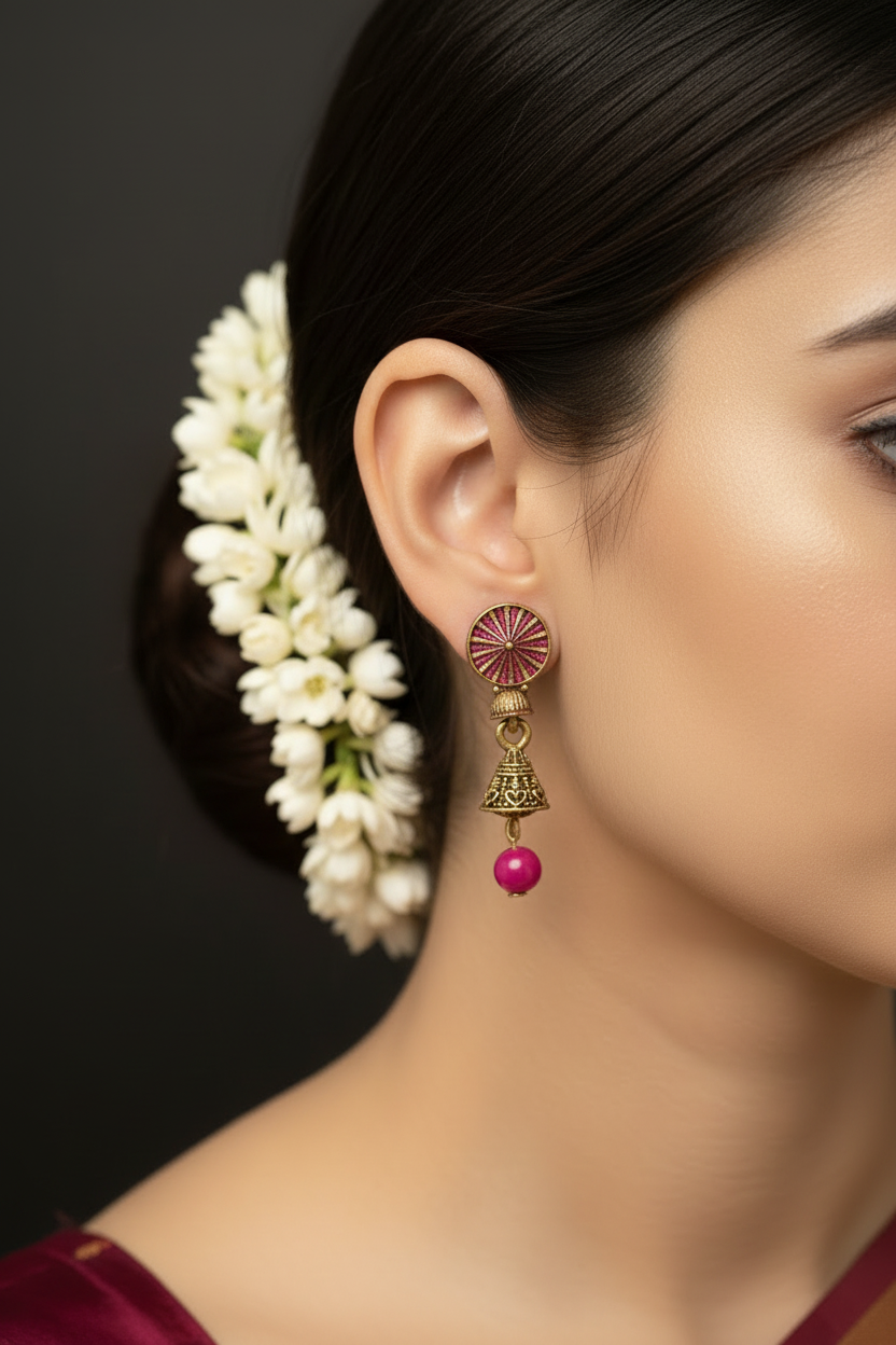 Maroon Antique Look Floral Jhumka Earrings – Gold-Tone