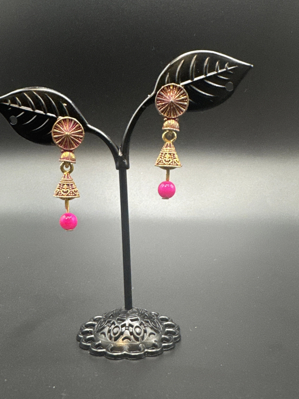 Antique Look Floral Jhumka Earrings – Gold-Tone Jhumki with Coloured Bead Drop (1.5 inch) - Rani Pink