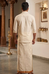 Men Off-White Cotton Dhoti with Woven Check Border and Gold-Tone Zari Lines (2m Single Veshti) - Orange/Rust