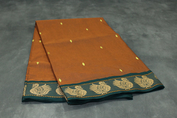 Brown Poly Cotton Butta Saree with Dark Green Thread — IMG-1