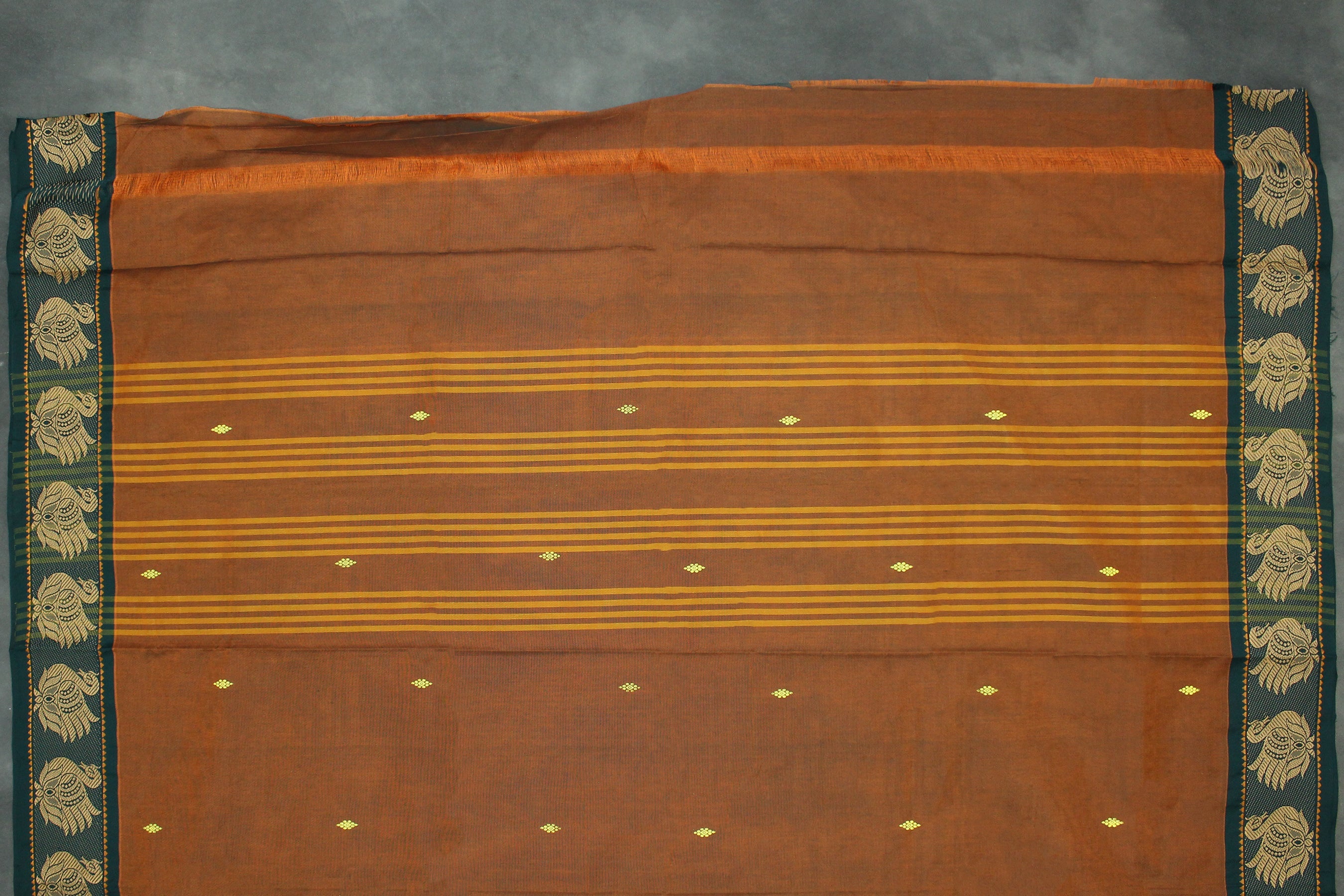 Brown Poly Cotton Butta Saree with Dark Green Thread — IMG-5