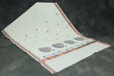 Pure Kerala Cotton White Saree with Copper Zari Border, Peacock Floral Embroidery and Blouse Piece — IMG-1