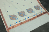 Pure Kerala Cotton White Saree with Copper Zari Border, Peacock Floral Embroidery and Blouse Piece — IMG-2
