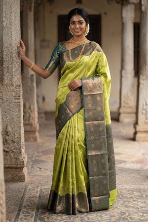 Green Kubera Pattu Saree with Traditional Border and Blouse Piece - Semi Silk