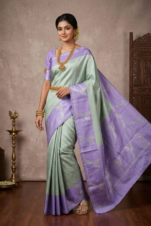 Kubera Pattu Semi Silk Saree Pastel Green with Kingfisher Zari Border and Blouse