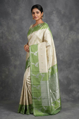 Beige & Green Kubera Pattu Semi Silk Saree with Zari Border and Bird Motif Blouse