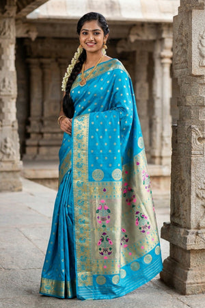 Blue Paithani Saree with Zari Woven Peacock Pallu and Design Border