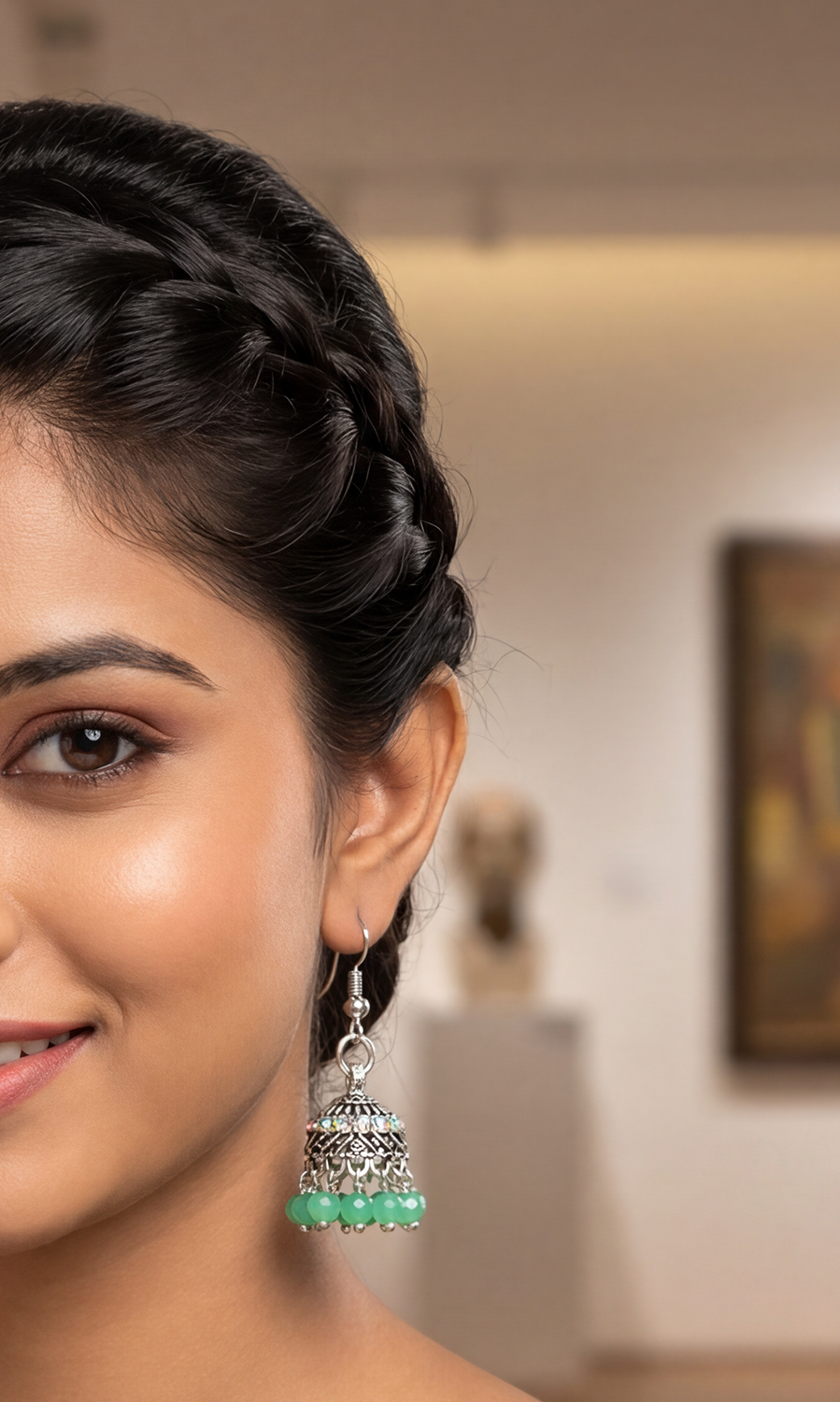 Oxidized Silver Jhumka Earrings with Beaded Drops