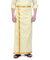 Men’s Cream Art Silk Dhoti with Elastic Velcro Waist and Pocket, Woven Gold Zari Border