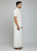 Men’s White Cotton Dhoti with Velcro Waist and Pocket, Silver Zari Border (2 Metre)