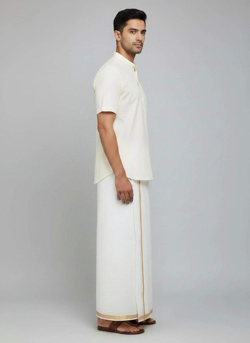 Men’s White Cotton Dhoti with Pocket and Elastic Velcro Waist, Gold Zari Border