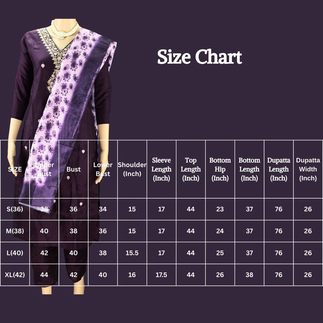 Roman Silk Wine Embroidered 3-Piece Kurta Set with Printed Digital Dupatta and Sequin Zari Handwork Kurti JCS Fashions