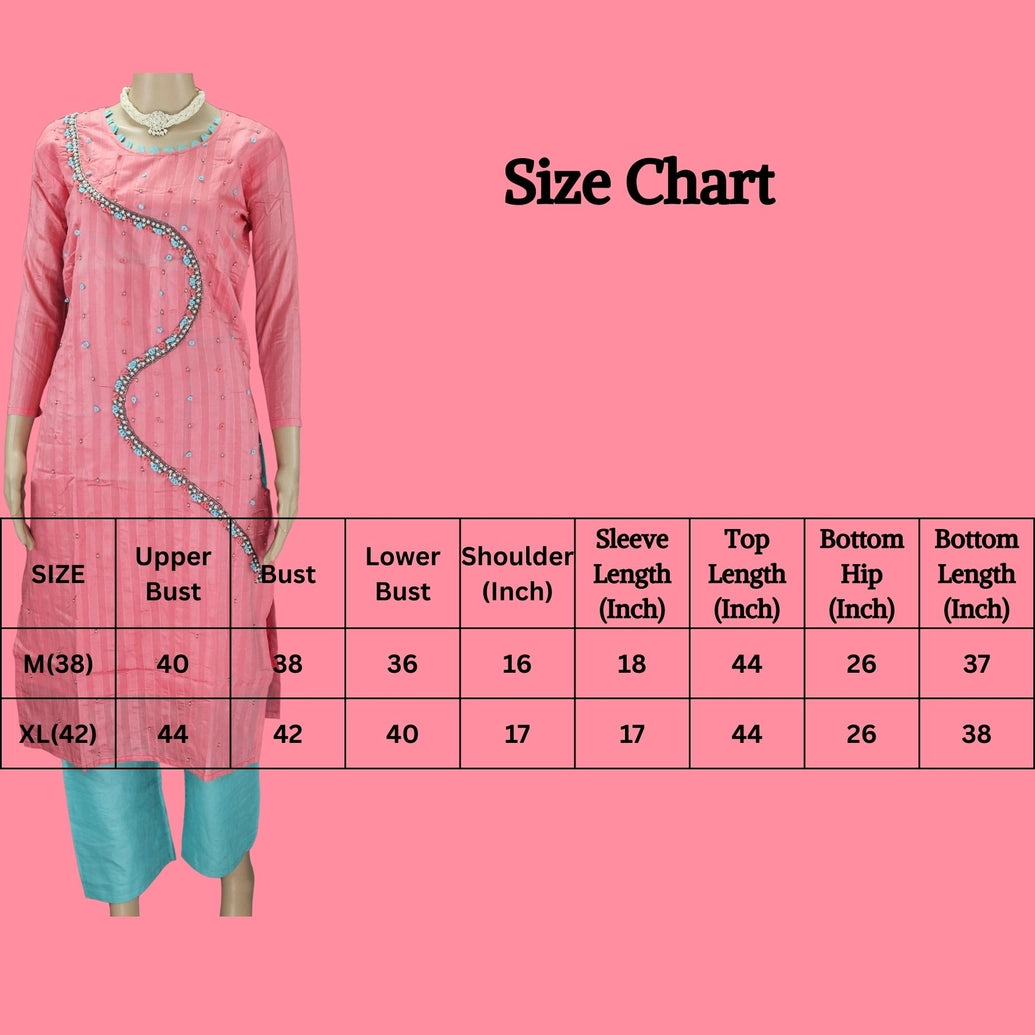 Pink Silk-Cotton Embellished Kurti Set with Pearl Beads, Aari & Thread Work - Top with Elastic Pant Kurti JCS Fashions