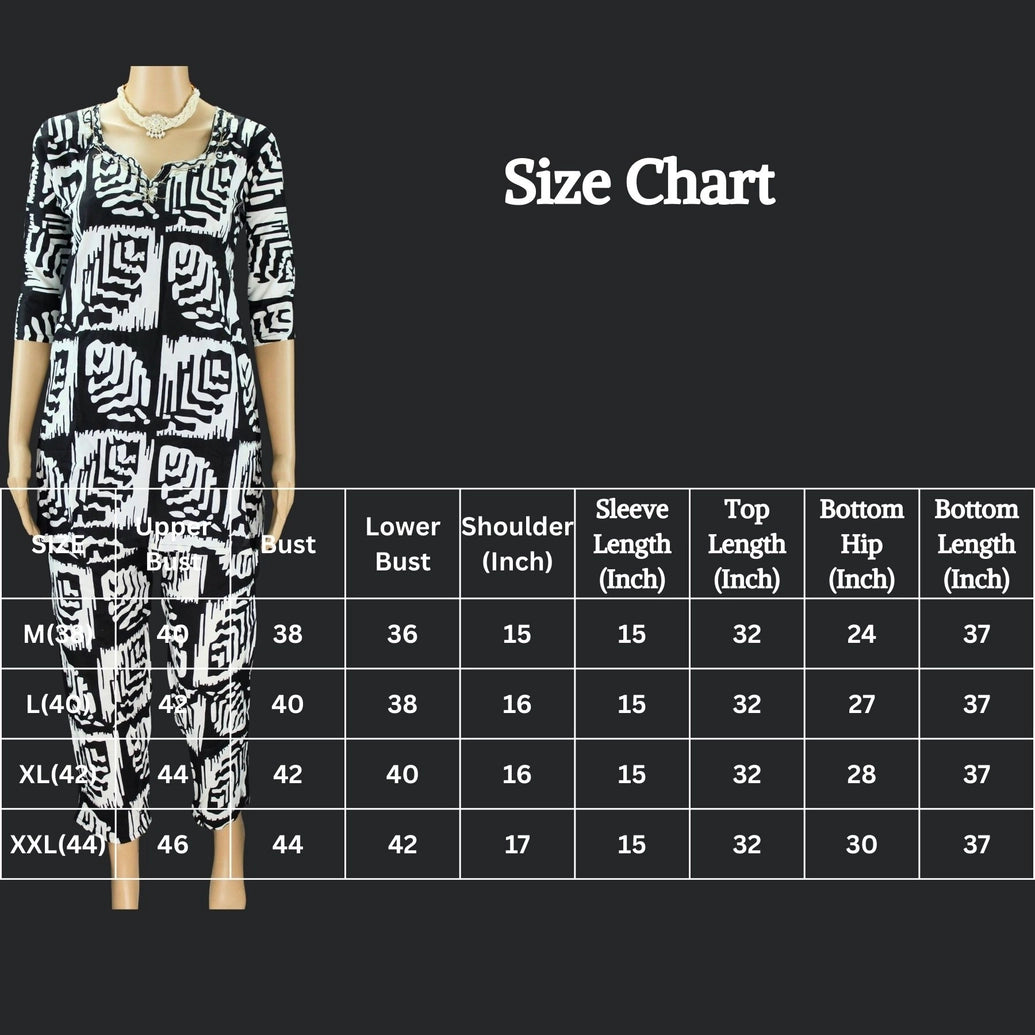 Black & White Rayon Printed Kurti Set with Beaded Neck and Elastic Pant Kurti JCS Fashions