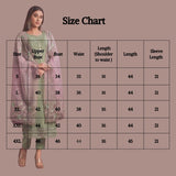 Size chart with model image showing kurti measurements from S to 4XL: bust, waist, length, and sleeve length.