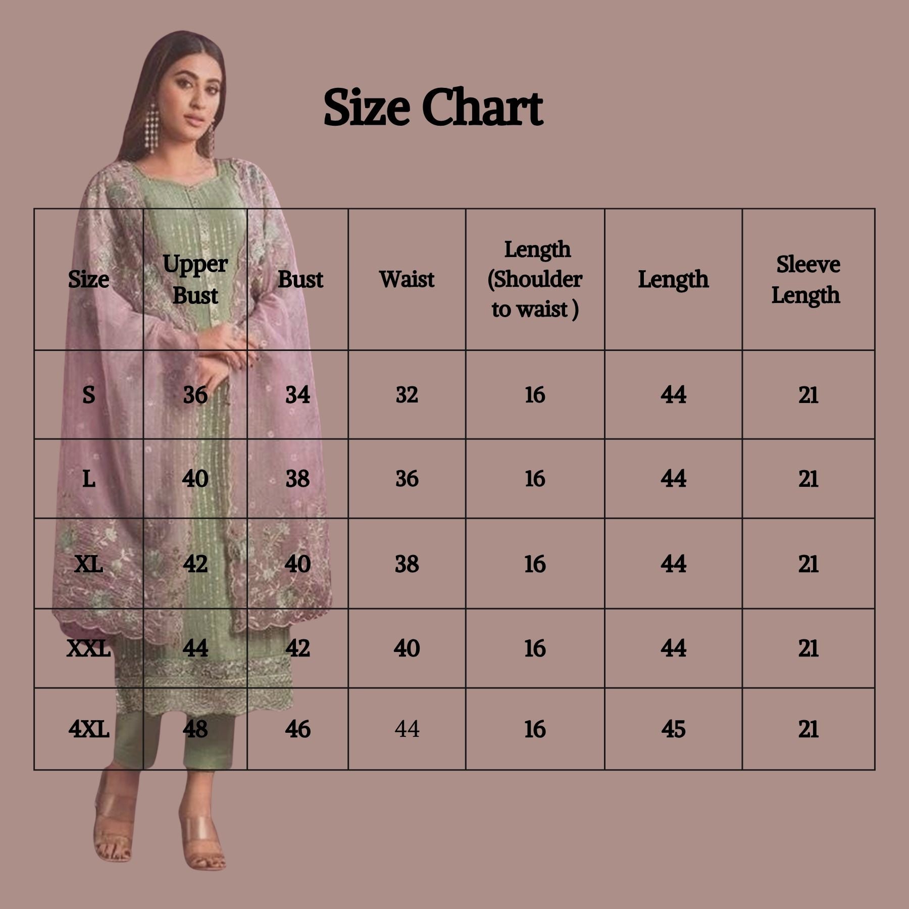 Size chart with model image showing kurti measurements from S to 4XL: bust, waist, length, and sleeve length.
