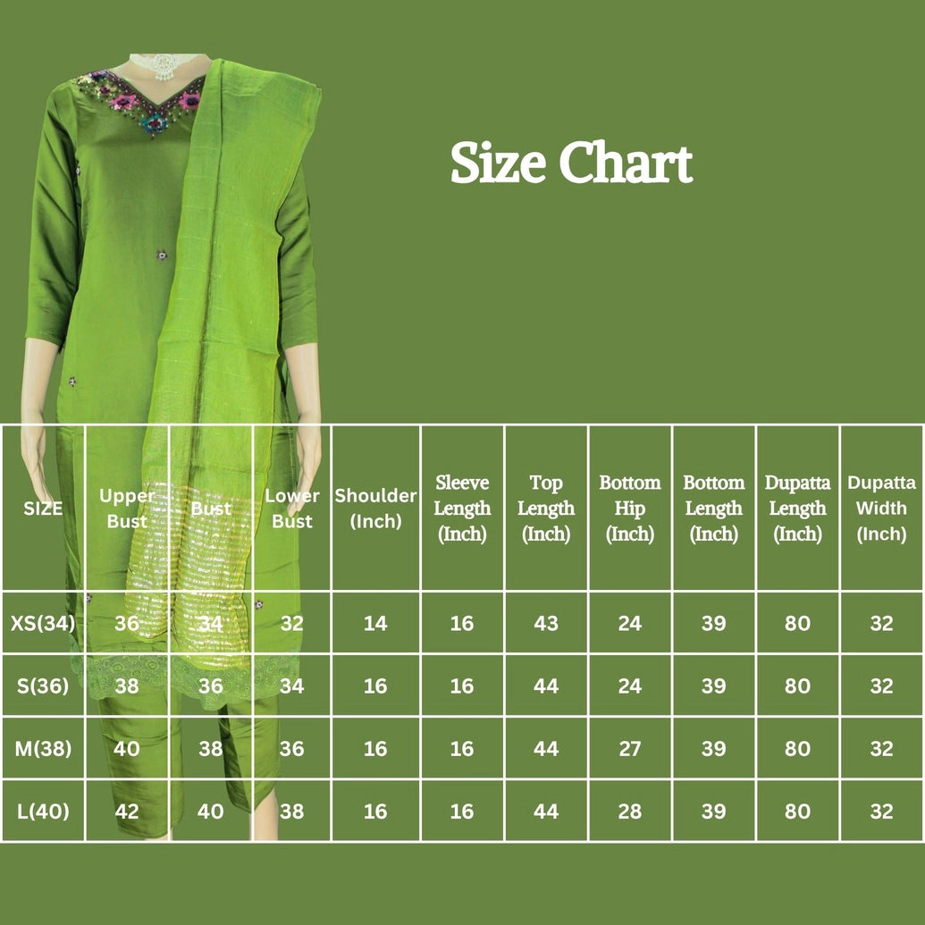 Mehendi Green Rayon Silk 3-Piece Kurti Set with Lined Elastic Pant & Zari Cotton Dupatta