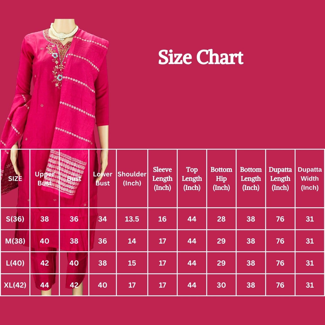 Deep Pink Aari Pearl Embroidered Kurti Pant & Dupatta 3-Piece Set for Women