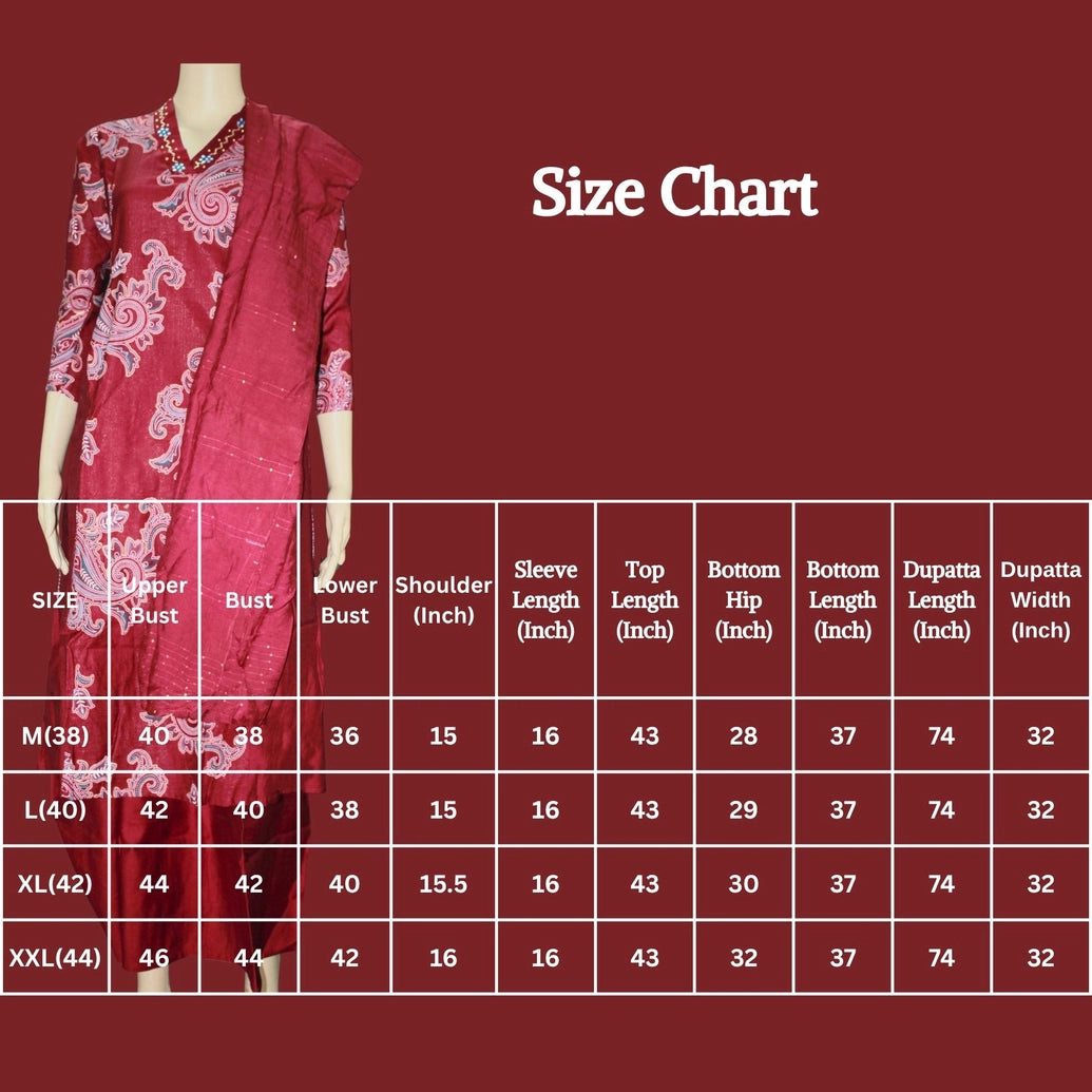 Maroon Cotton 3-Piece Kurti Set with Elastic Pant & Chiffon Dupatta, V Neck Embroidered Sequin Work