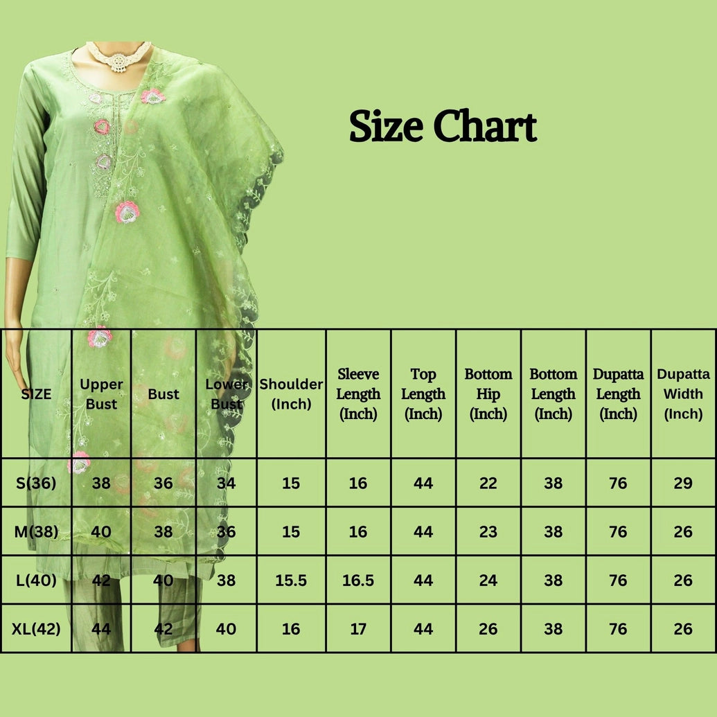 Light Green Roman Silk Kurti Pant Set with Embroidered Handwork Chinon Dupatta for Women