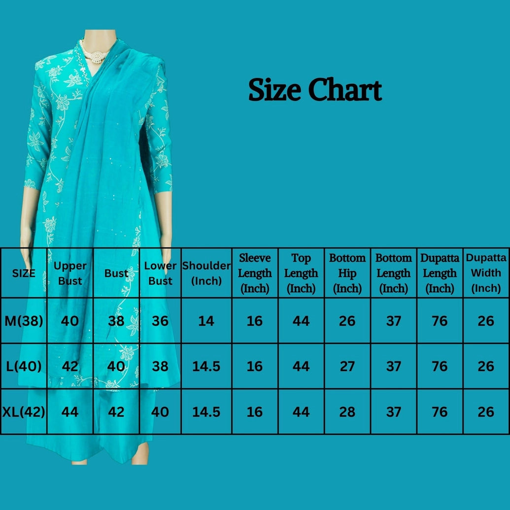Aqua Blue Cotton 3-Piece Kurti Set with V Neck Aari Mirror Work, Elastic Pant and Chiffon Dupatta