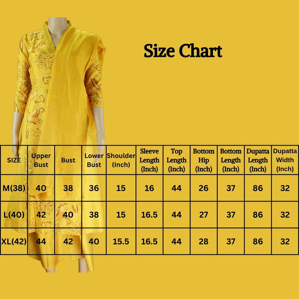 Yellow Cotton 3-Piece Kurti Set with V-Neck Aari & Mirror Work, Elastic Pant and Chiffon Dupatta