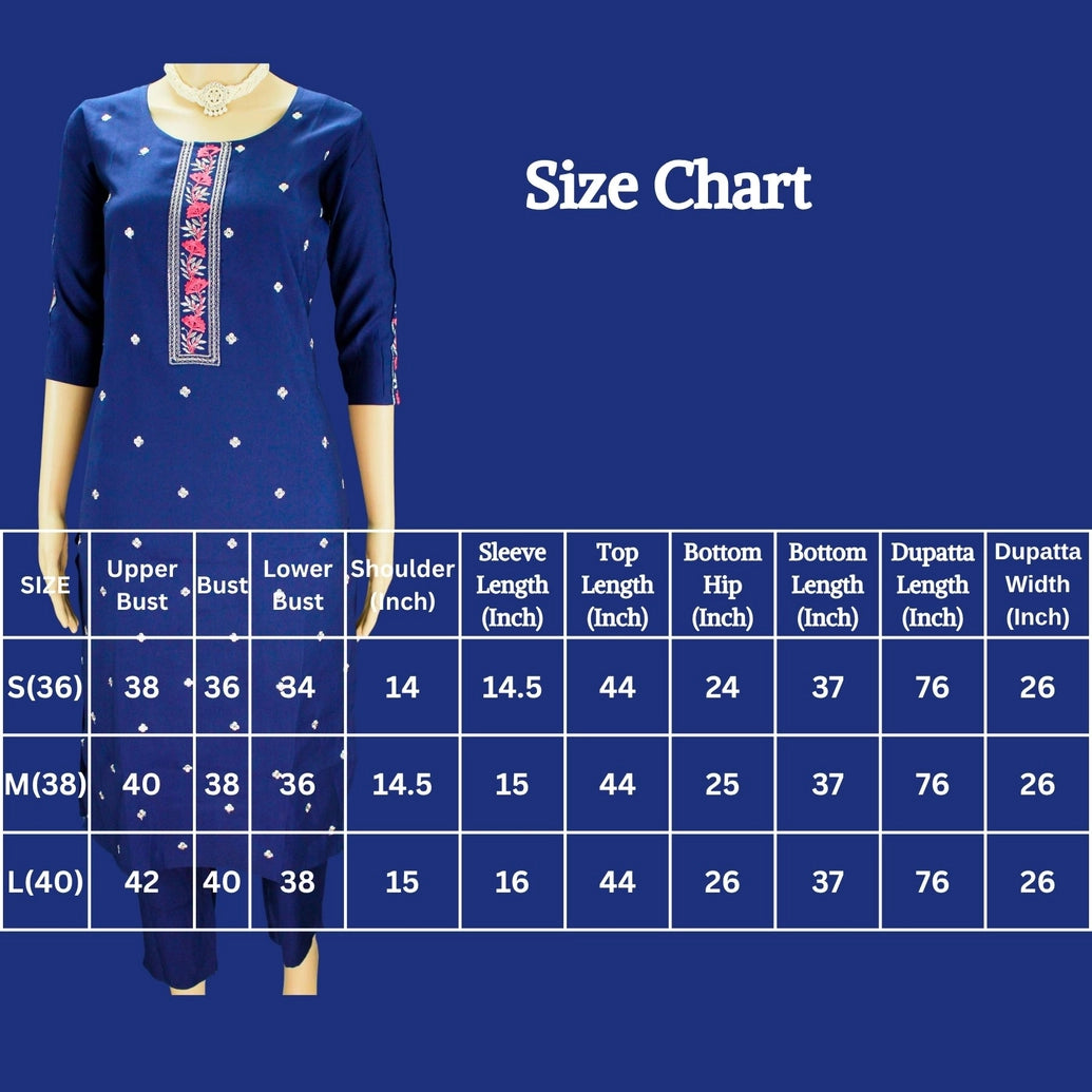 Navy Blue Cotton 3-Piece Kurti Set with Embroidered Sequin Work, Elastic Pant & Chiffon Dupatta