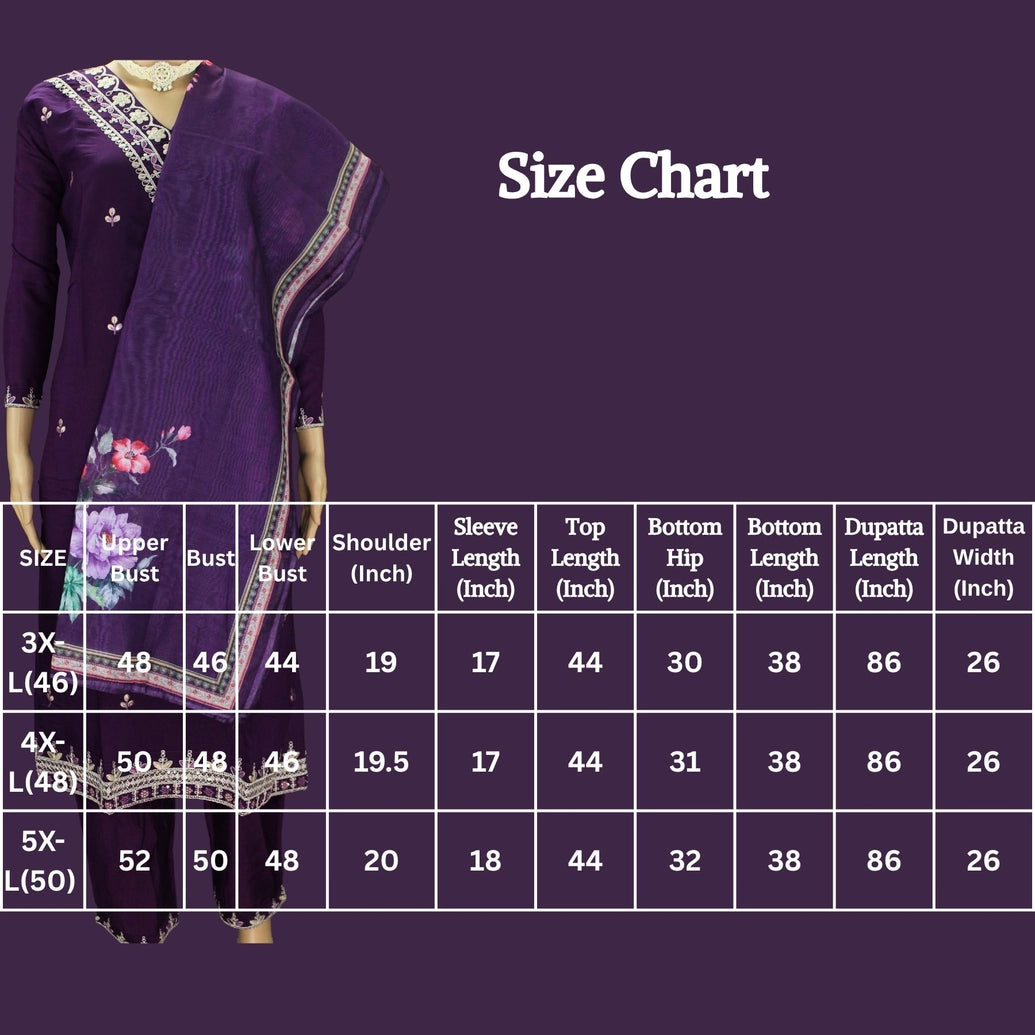 Dark Purple Roman Silk Kurti Pant Set with V-Neck Handwork, Sequins & Zari, Digital Organza Dupatta