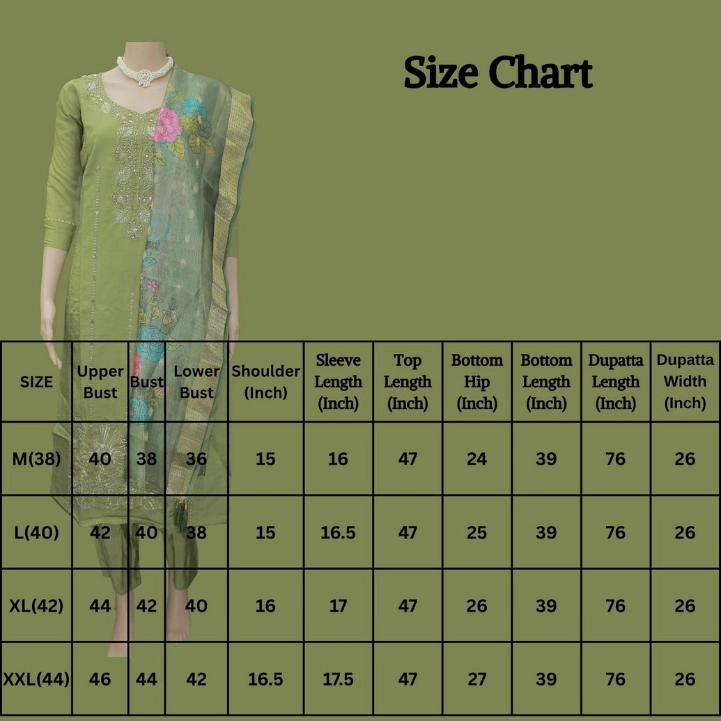 Olive Green Roman Silk 3-Piece Kurti Set with Beads & Aari Work and Digital Jacquard Dupatta