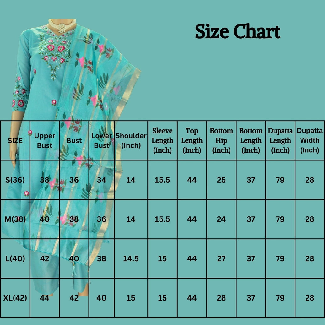 Pastel Blue Roman Silk 3-Piece Kurti Set with V Neck, Elastic Pant & Organza Zari Dupatta