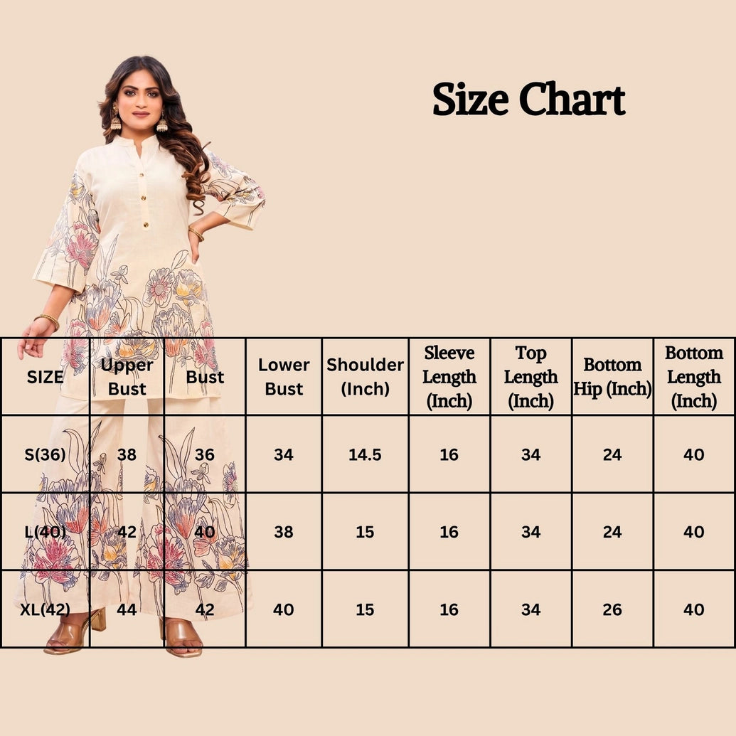 Khadi Reyon 2 pcs Co-ord set. Top and pant with Elastic. Side Pocket available in pant, Mandarin collar kurti, Floral printed and embroidere
