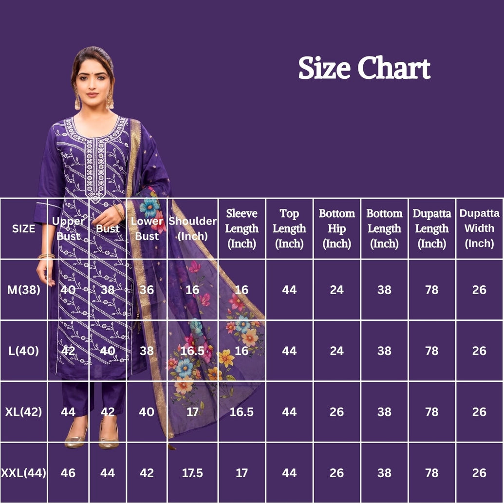 Purple Roman Silk 3-Piece Kurti Set with Embroidery, Elastic Pant & Digital Jacquard Dupatta