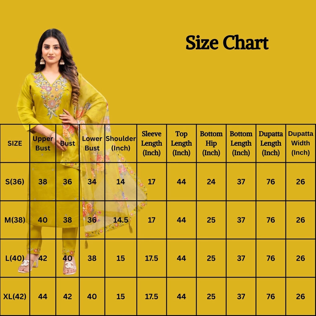 Yellow Roman Silk 3-Piece Kurti Set with Embroidered Work & Chinon Dupatta, Elastic Pant