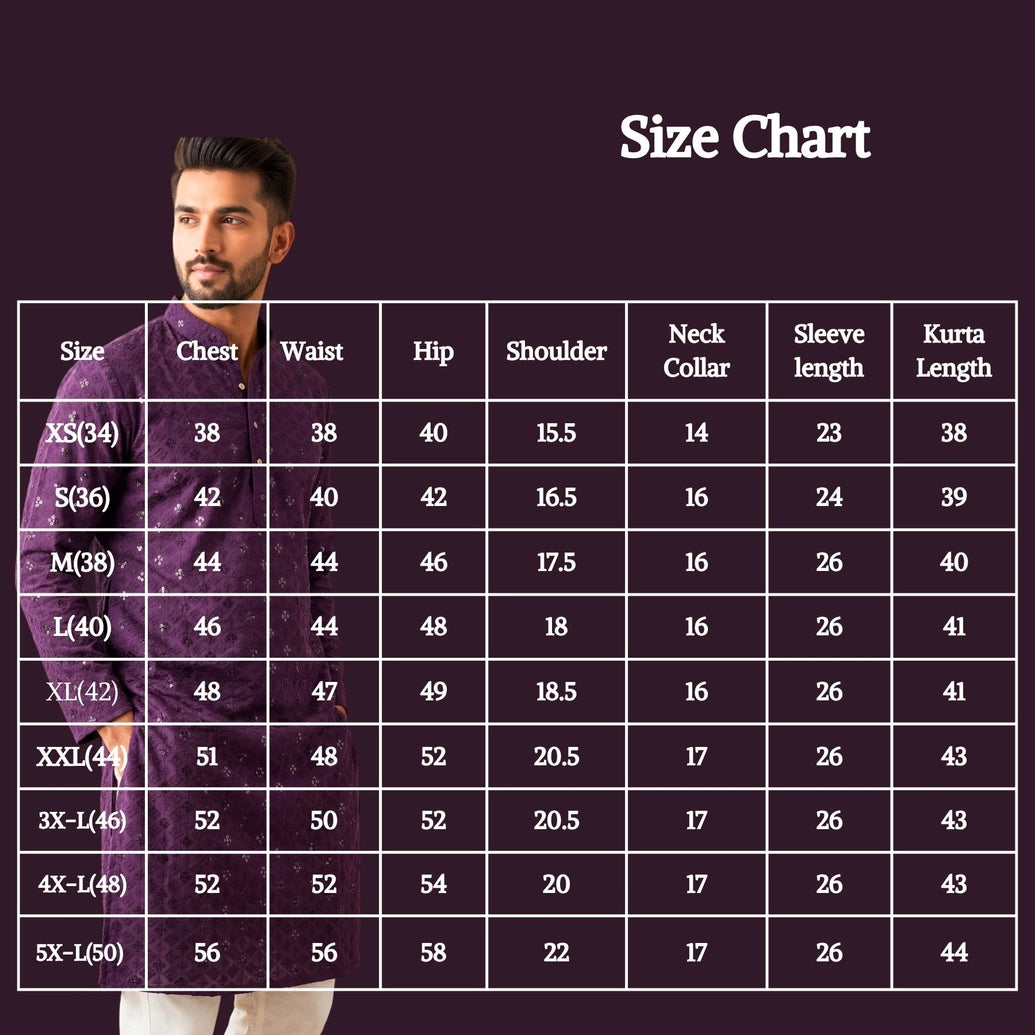 Men Purple Lakhnavi Kurta with All-Over Motif and Stand Collar for Festive Wear